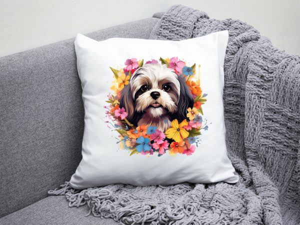 Polštář shih-tzu barevné květy